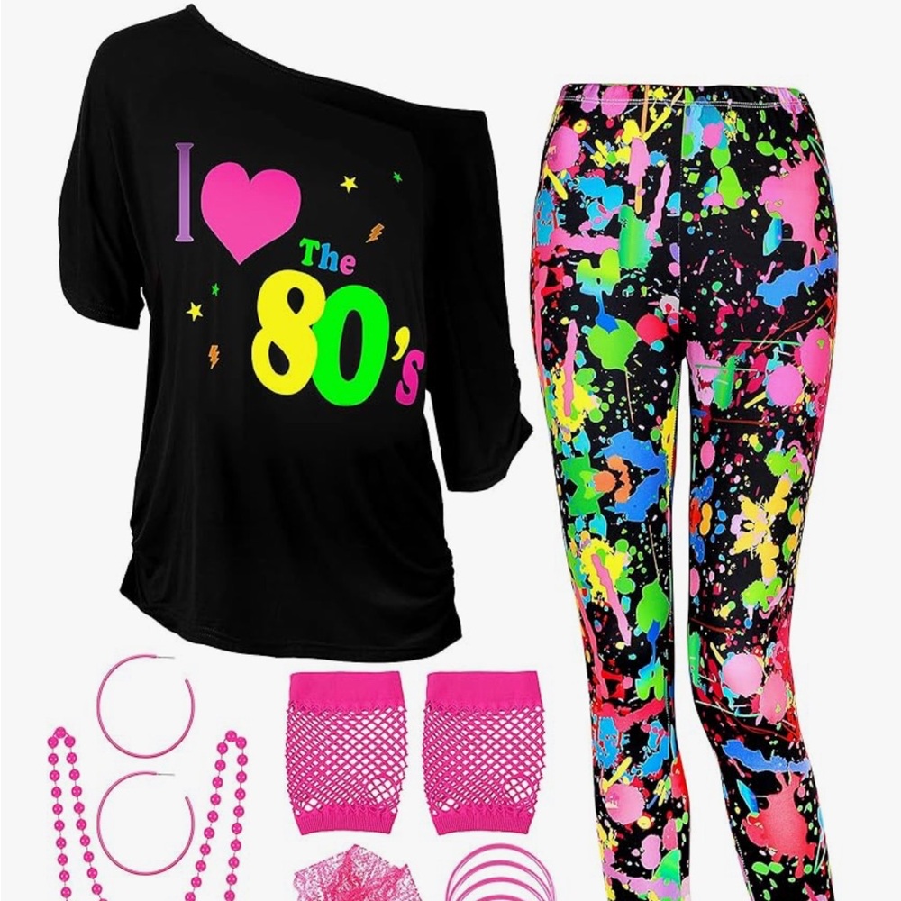 80's Themed Black Top and Neon Leggings Costume Set